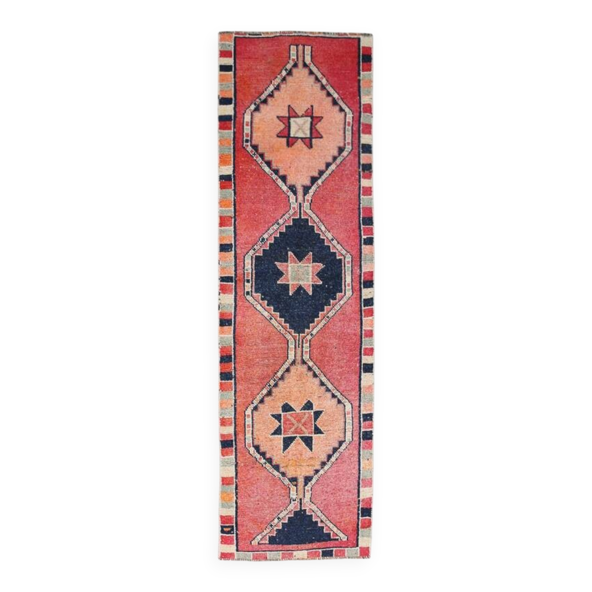 Pomegranate Red & Navy Blue Vintage Runner Rug, Geometric Pattern Runner