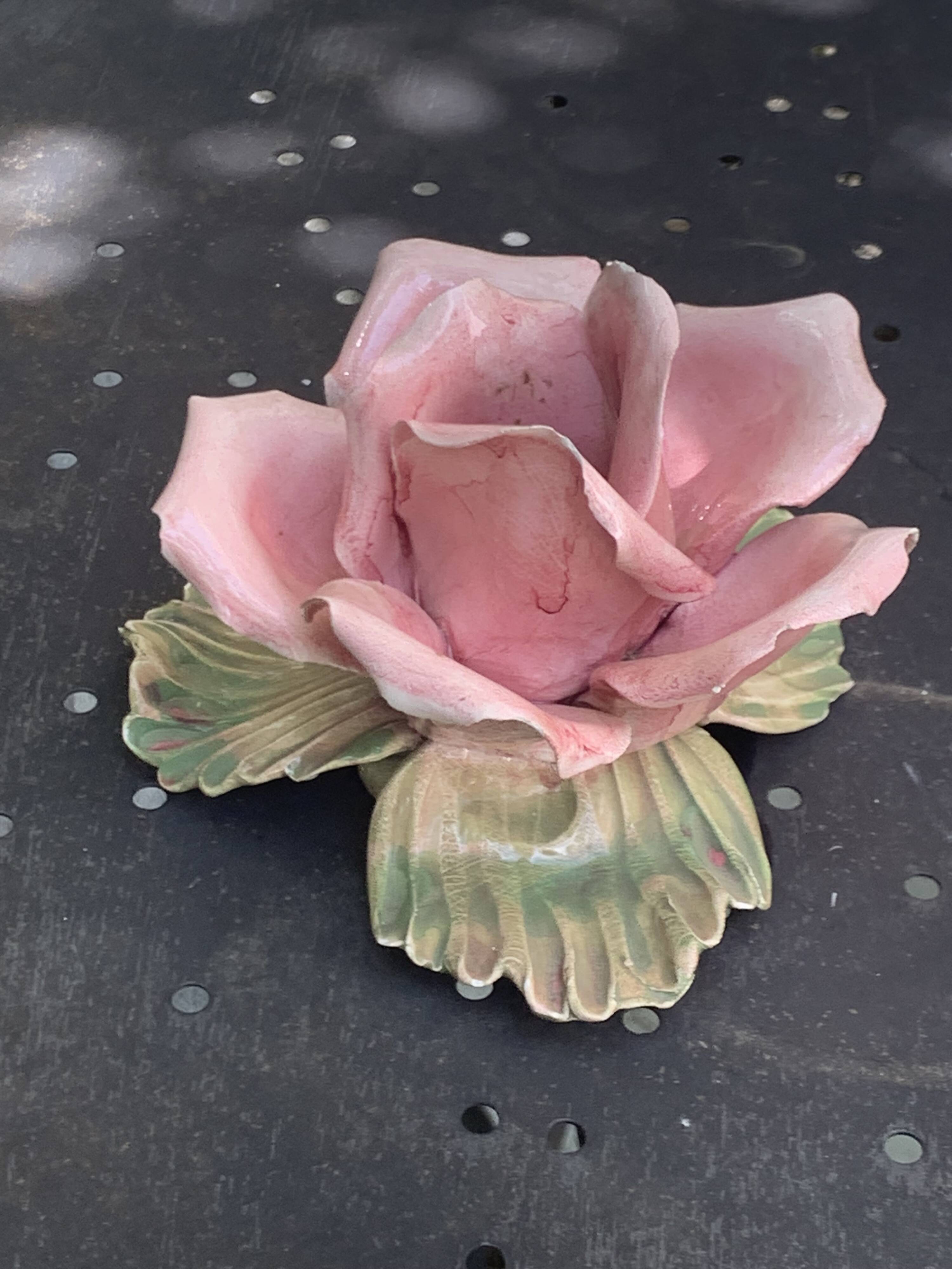 Pink candle holder in slip, old biscuit