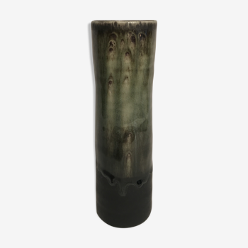 Ancien vase Jars modèle ma-to cylindre ceramique noir & vert fleurs décoration