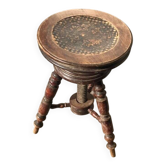 Tabouret de piano réglable marron en cuir avec piètement tourné, production 1940s