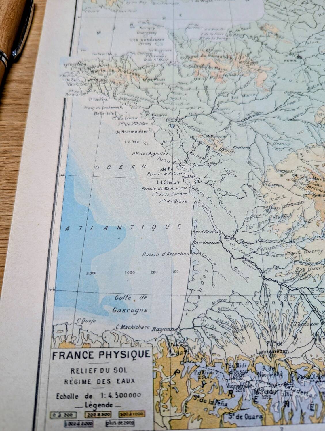 Physical map of France, original printed in 1896