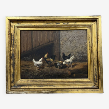 Louis Étienne Dauphin 1885-1926 : scène de poules dans une grange vers 1910