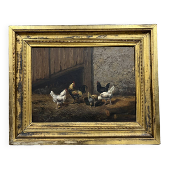 Louis Étienne Dauphin 1885-1926 : scène de poules dans une grange vers 1910