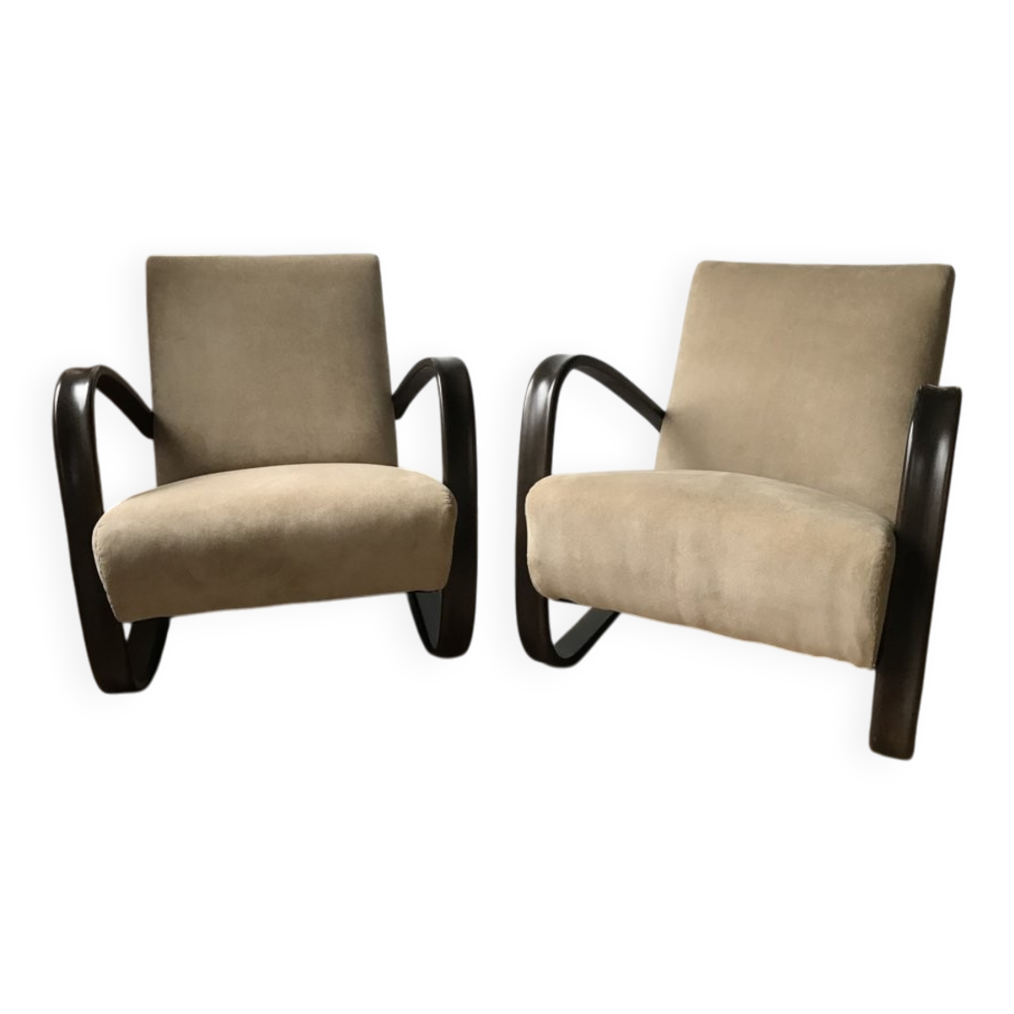 Paire de fauteuils H 269 marron en hêtre et tissu par Jindrich Halabala (années 1930)