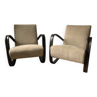 Pair of H 269 armchairs in brown beech and fabric by Jindrich Halabala (1930s)