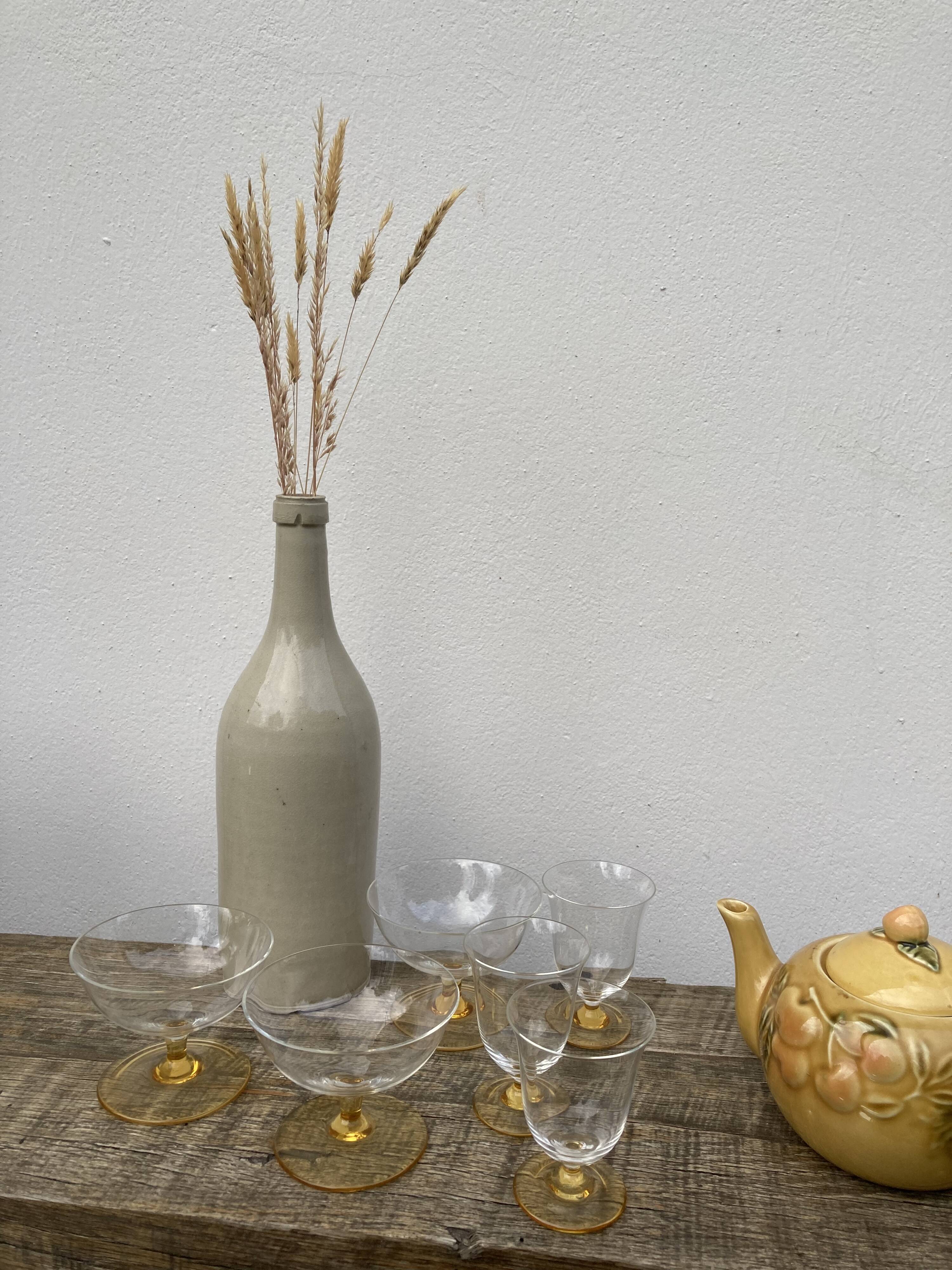 6 antique yellow crystal stemmed glasses and cups