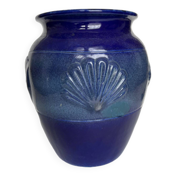 Grand vase vintage en céramique vernissée bleu