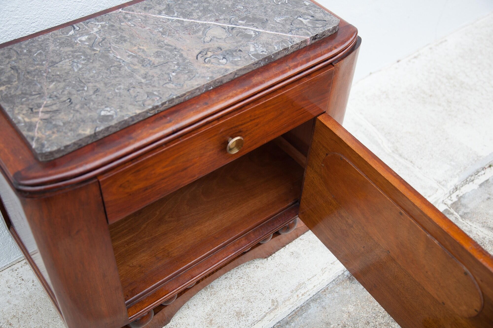 Art Deco bedside table, wood and marble deco nightstand, end of sofa, art deco