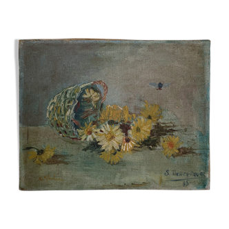 Ancient painting still life bouquet of daisies