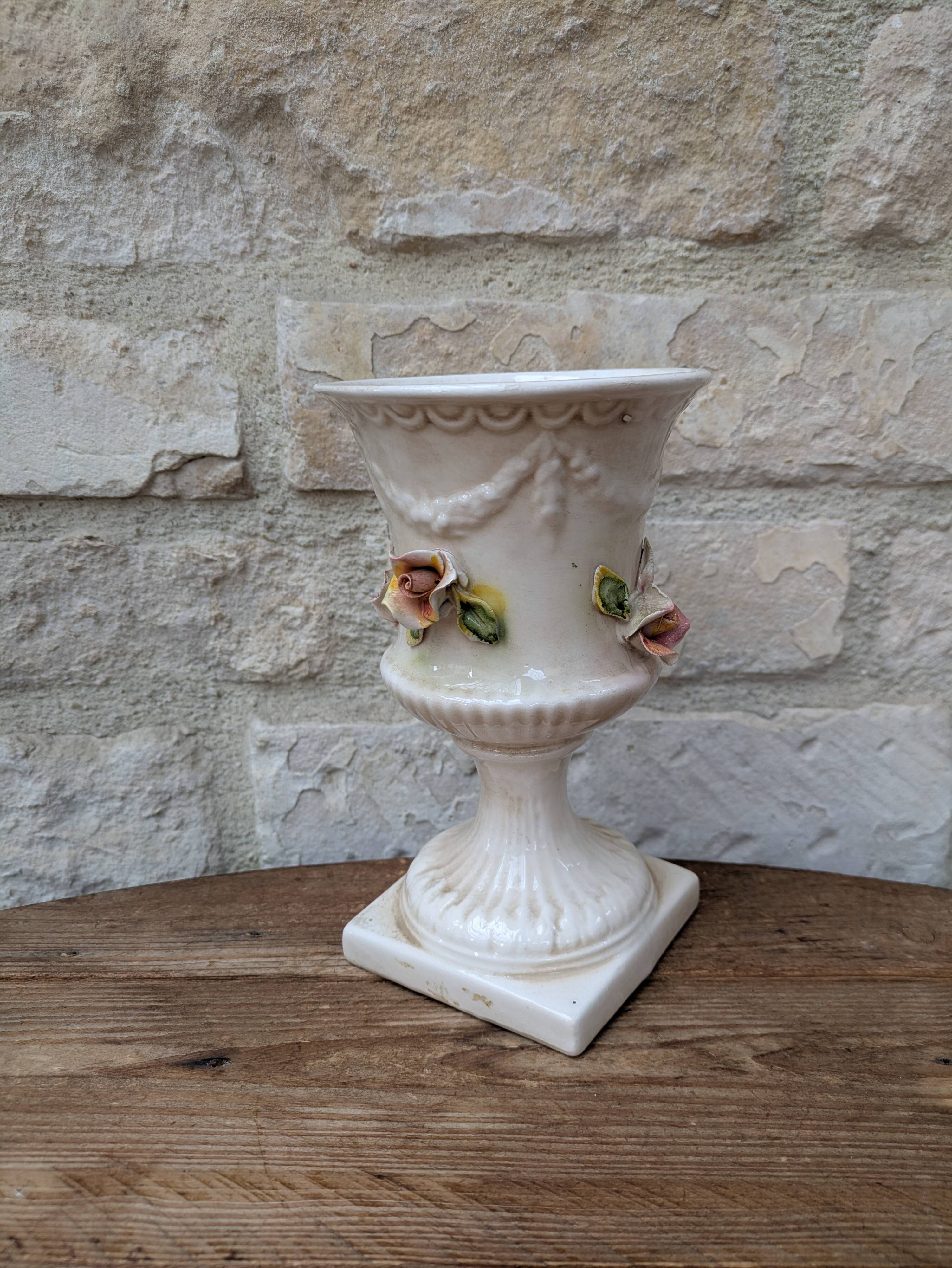 Antique Italian ceramic vase in slip style with rose decoration