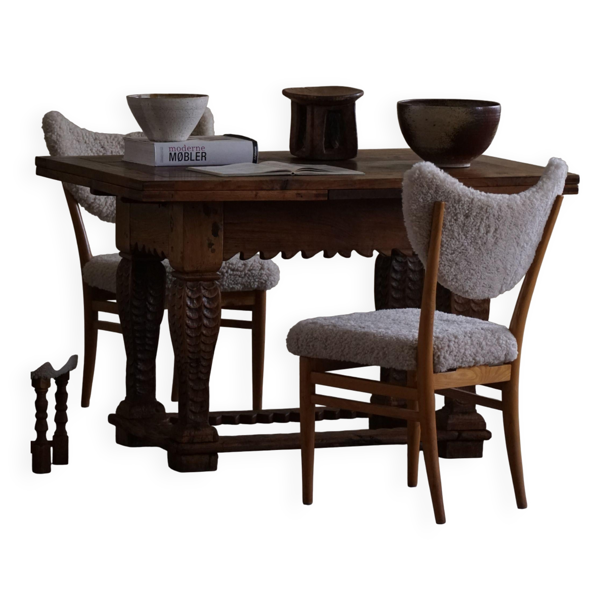 Antique Baroque dining table/desk in oak, Danish cabinetmaker, 19th century.