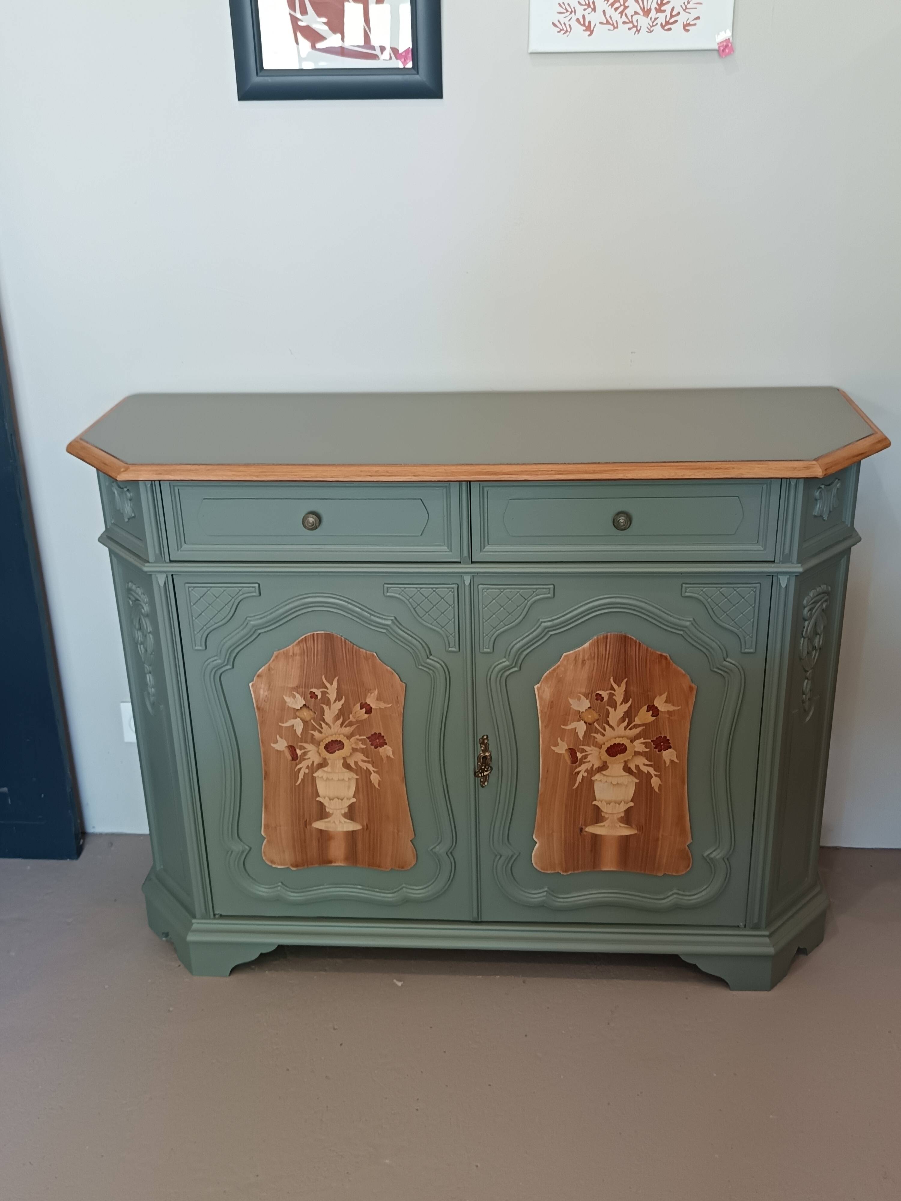 GREEN BRONZE AND WOOD BUFFET WITH MARQUETRY
