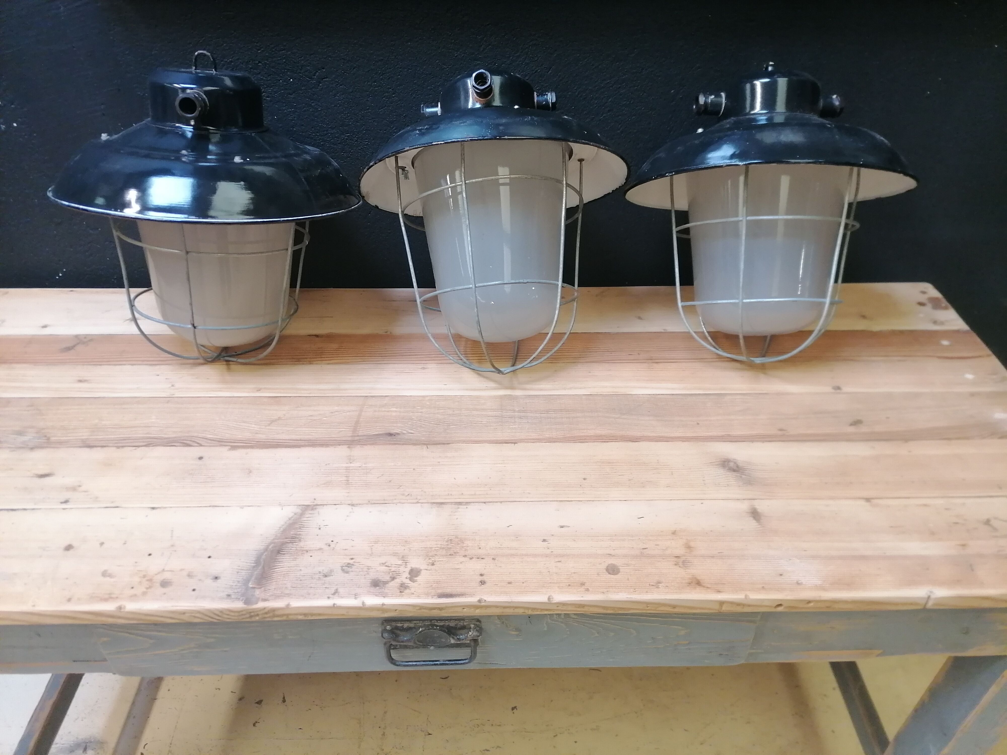 Set of 3 vintage Czech industrial pendant lights, 1950s