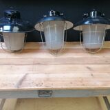 Set of 3 vintage Czech industrial pendant lights, 1950s