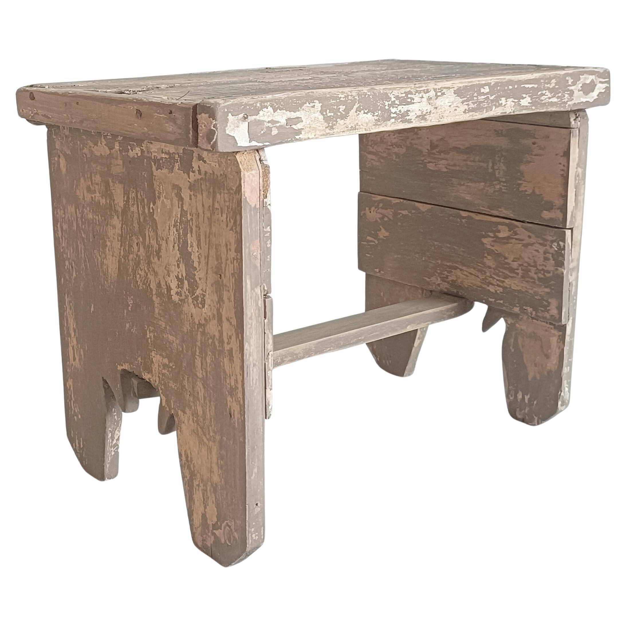 Rustic Weathered Wood Farm Stool/ Accent Table, Spain,  Early 20th-C