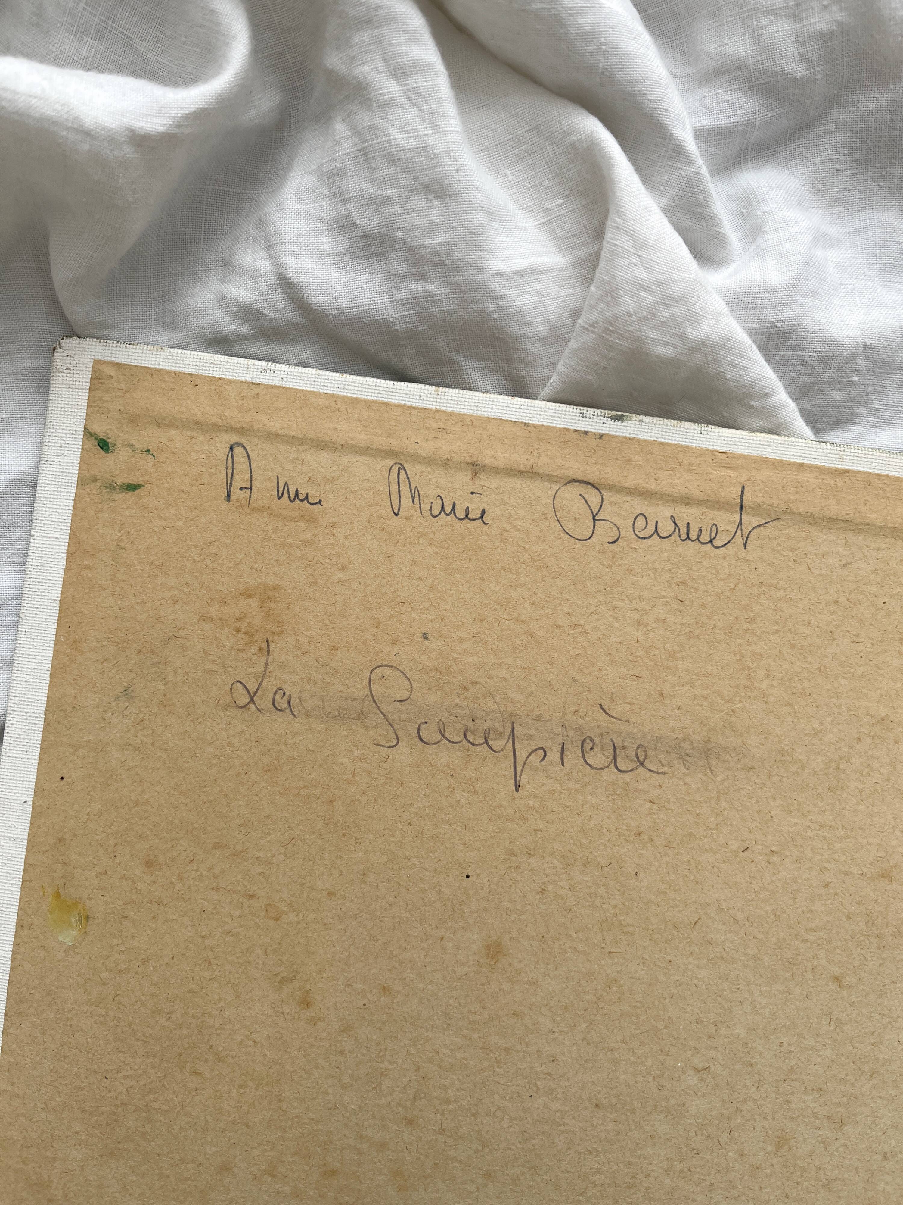 Antique painting on canvas board "La Soupière" signed Anne Marie Beiruet