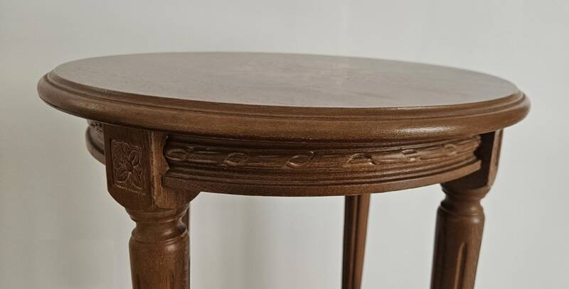 Antique marquetry side table in wood and cane.