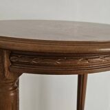 Antique marquetry side table in wood and cane.