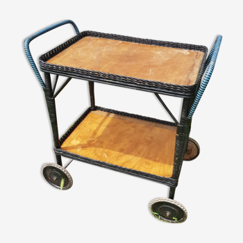 Old service servant rattan & scoubidou on wheels metal + wood trays