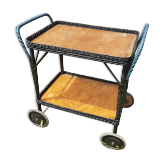 Old service servant rattan & scoubidou on wheels metal + wood trays