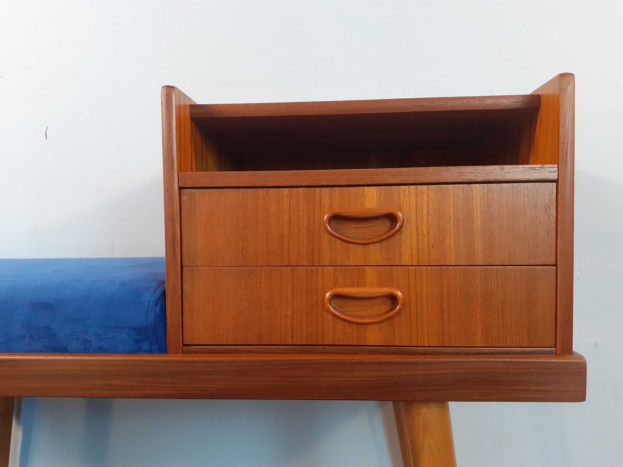 Bench Norwegian Phone Teak and blue fabric, Vintage Scandinavian 1970s