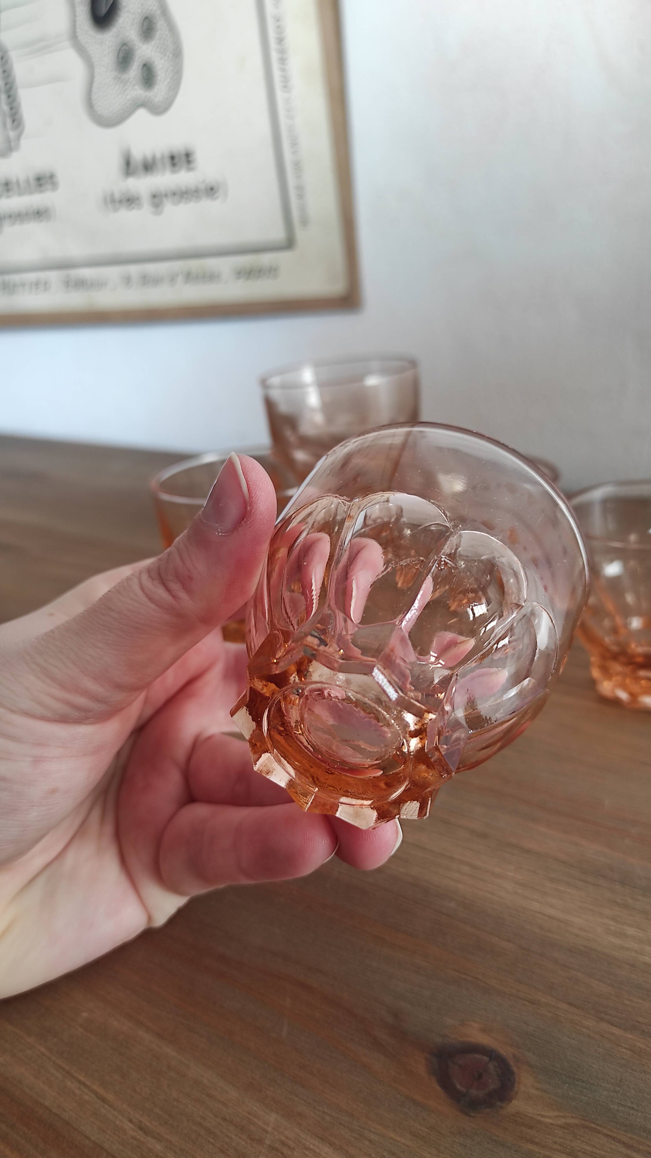 Set of 6 vintage Rosaline liqueur glasses in translucent pink glass