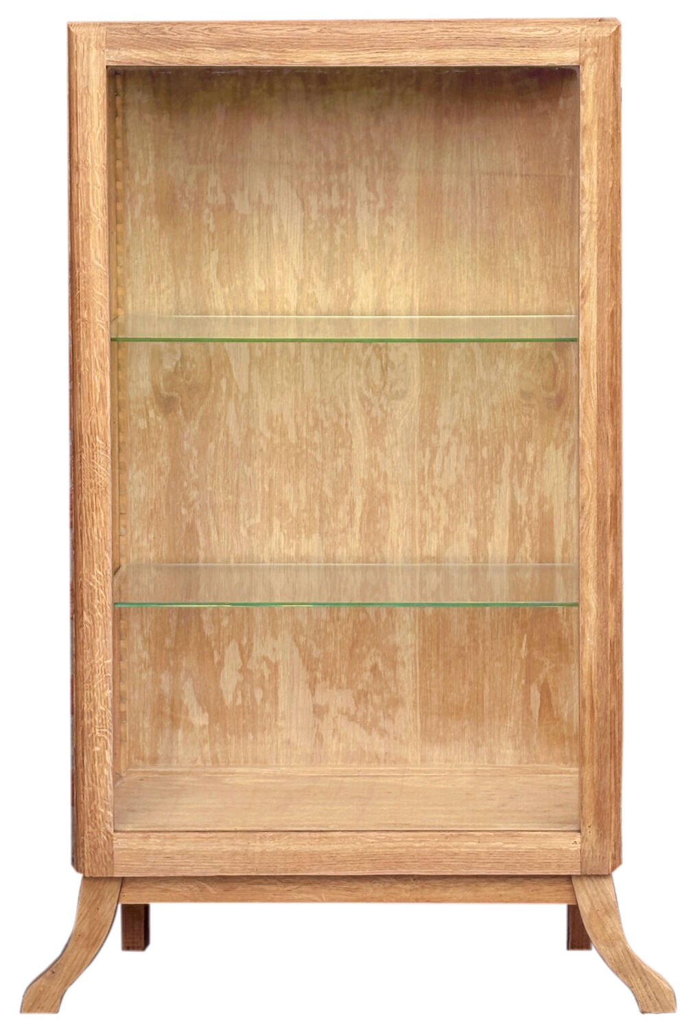 Restored antique oak display cabinet with glass shelves.