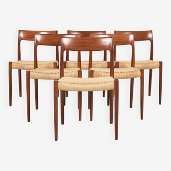 Midcentury Danish set of 6 chairs Model 77 in teak and paper cord by Niels Otto Møller