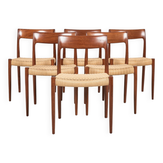 Midcentury Danish set of 6 chairs Model 77 in teak and paper cord by Niels Otto Møller