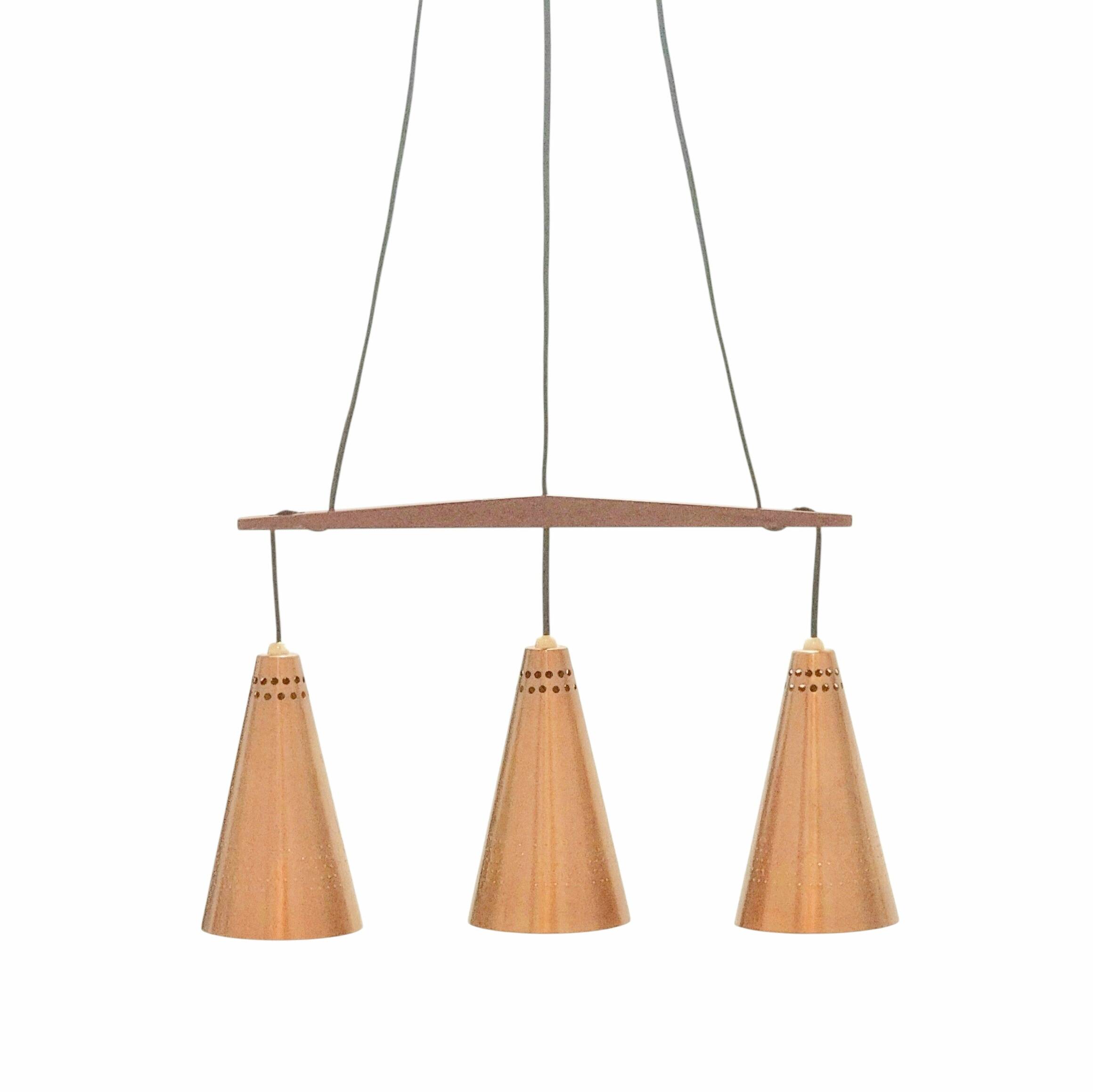 Mid Century Scandinavian Copper & Teak Triple Pendant By Jakobsson, 1950s