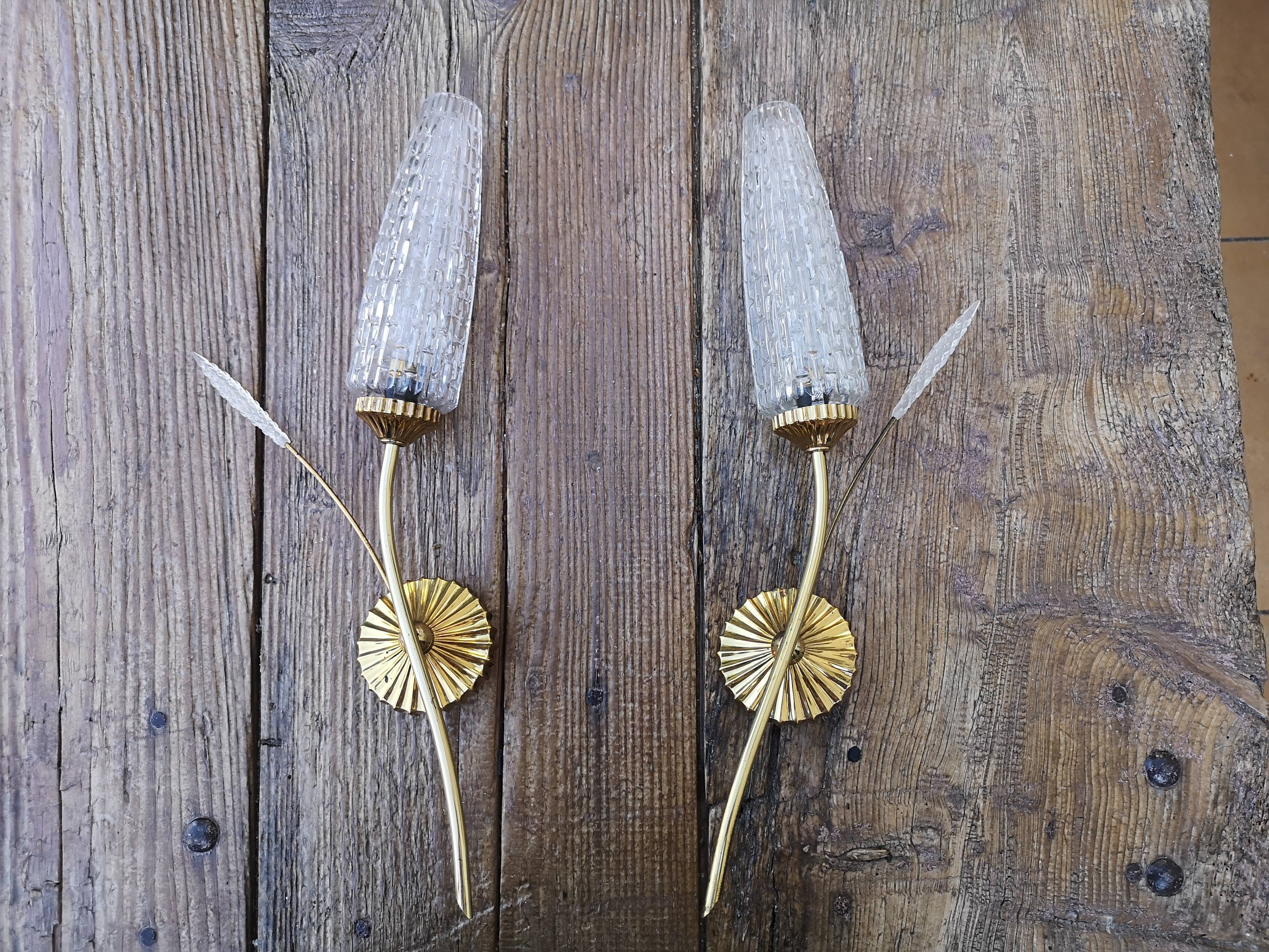 Vintage brass sconces and moulded glass wheat spikes