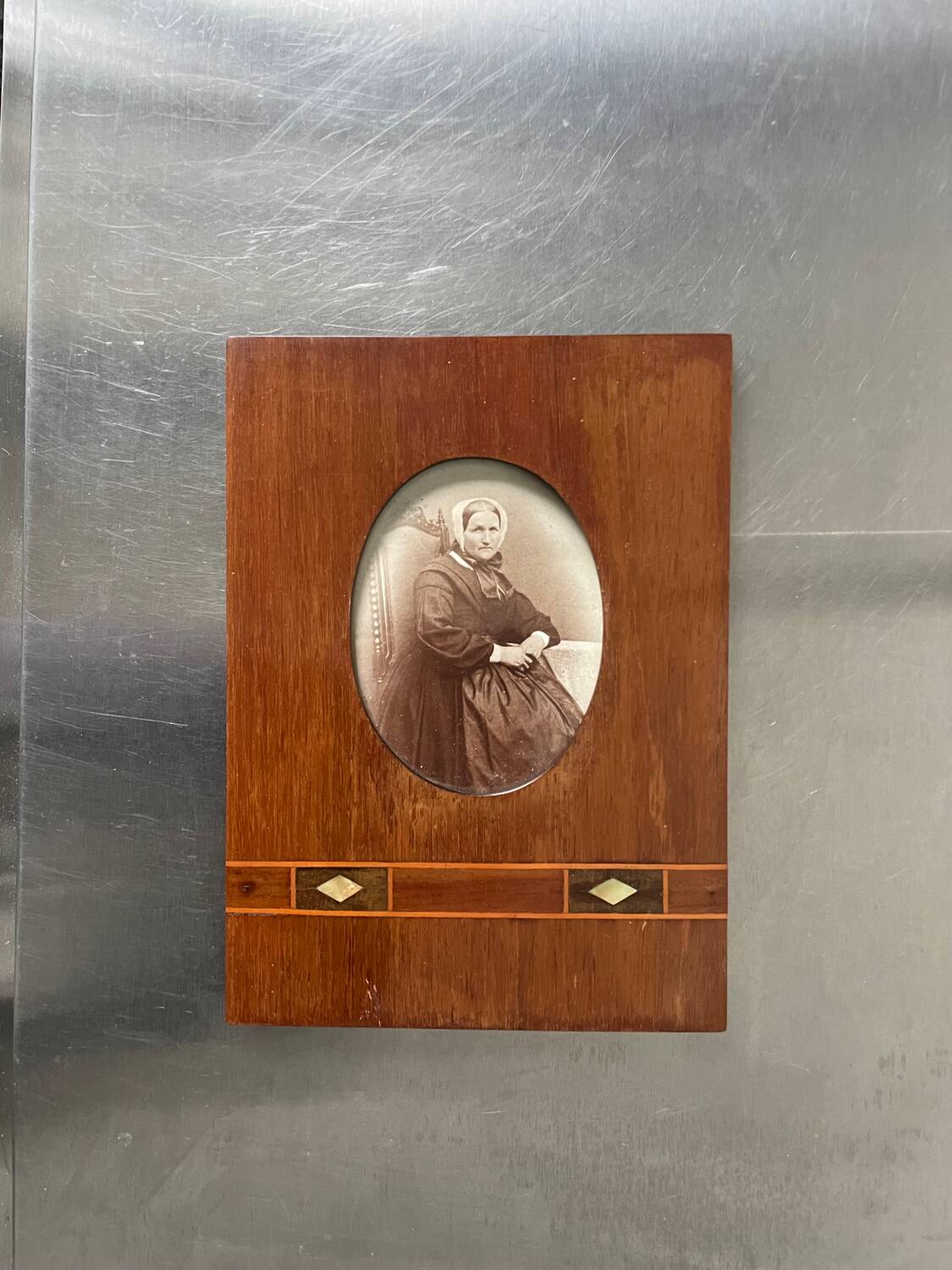 Antique Wood & mother of pearl Picture Frame with  intarsia