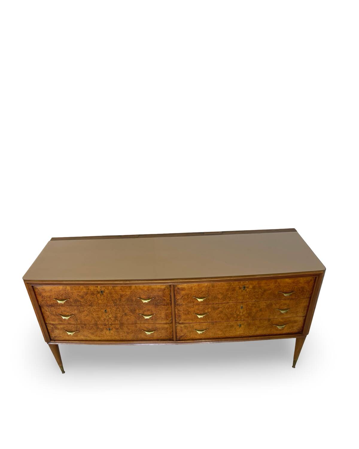 Veneered burl walnut chest of drawers with light warm brown glass top