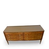 Veneered burl walnut chest of drawers with light warm brown glass top
