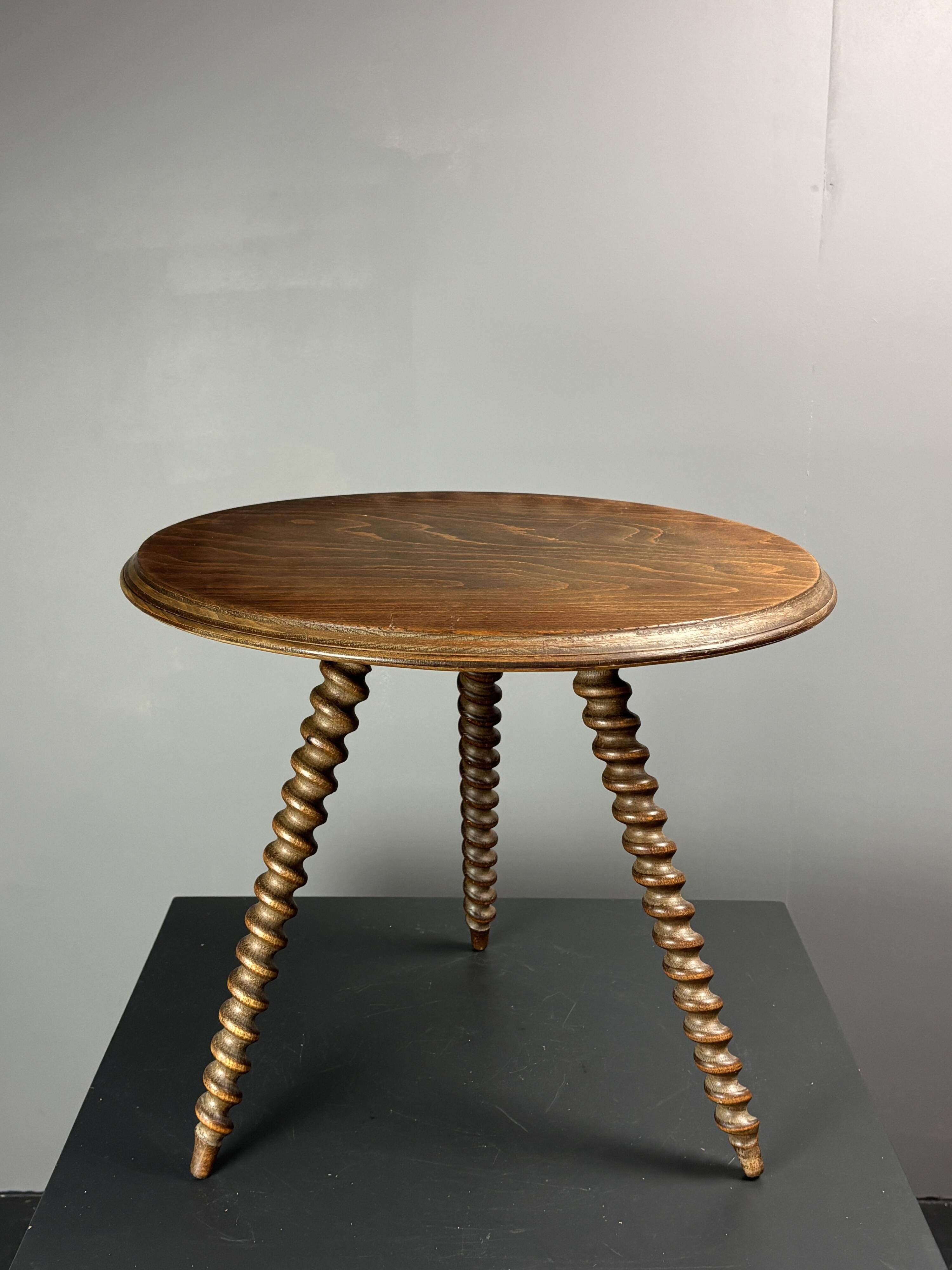 Midcentury wood turned barley twist side table with cork screw legs 1950s