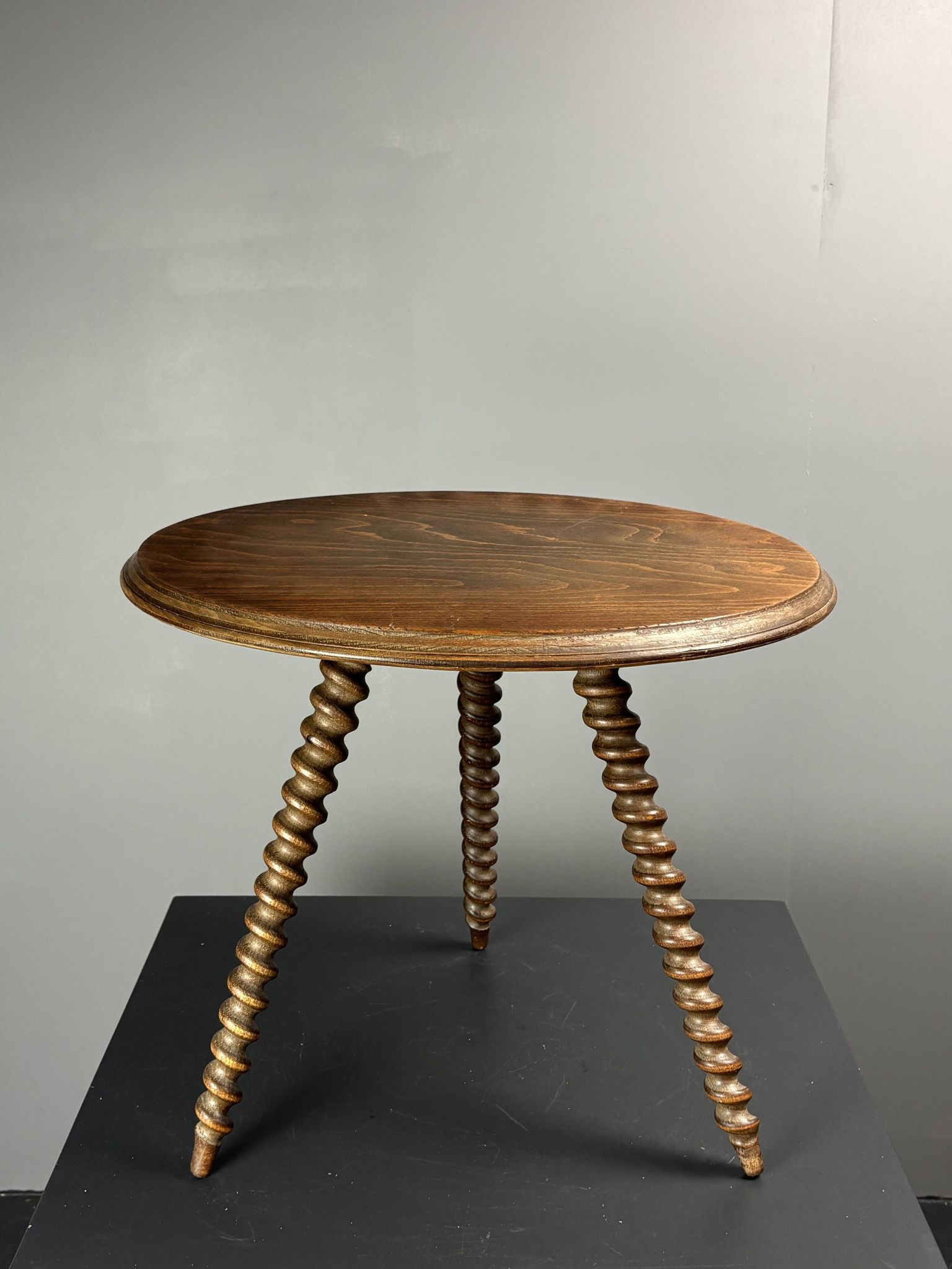 Midcentury wood turned barley twist side table with cork screw legs 1950s