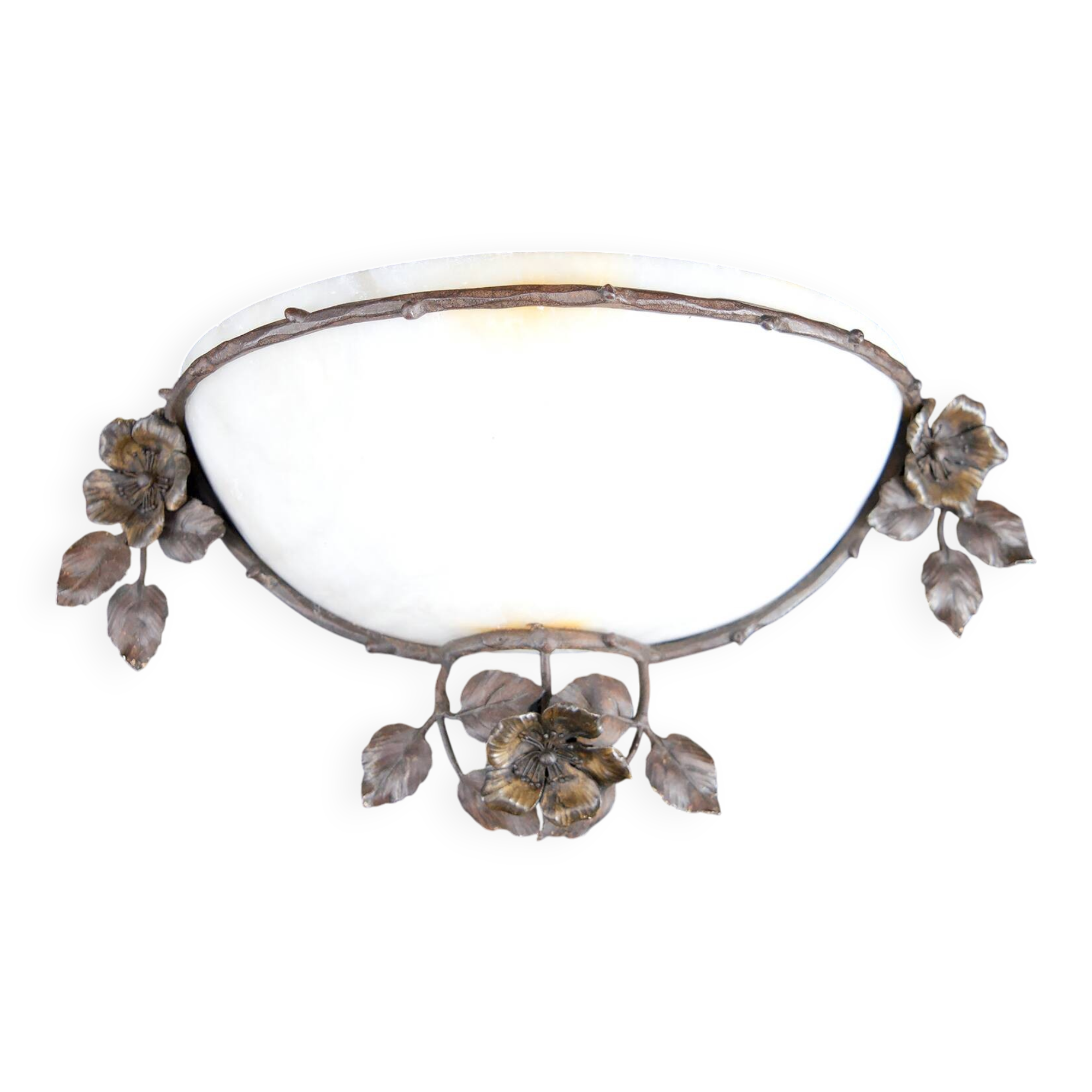 Art Deco wall sconce, wrought iron and alabaster – France, circa 1920