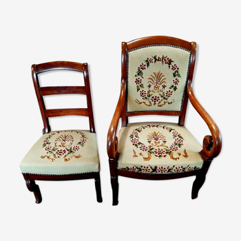 DUO OF ANTIQUE CHAIR/ARMCHAIR VINTAGE WOOD TAPESTRY CANVAS