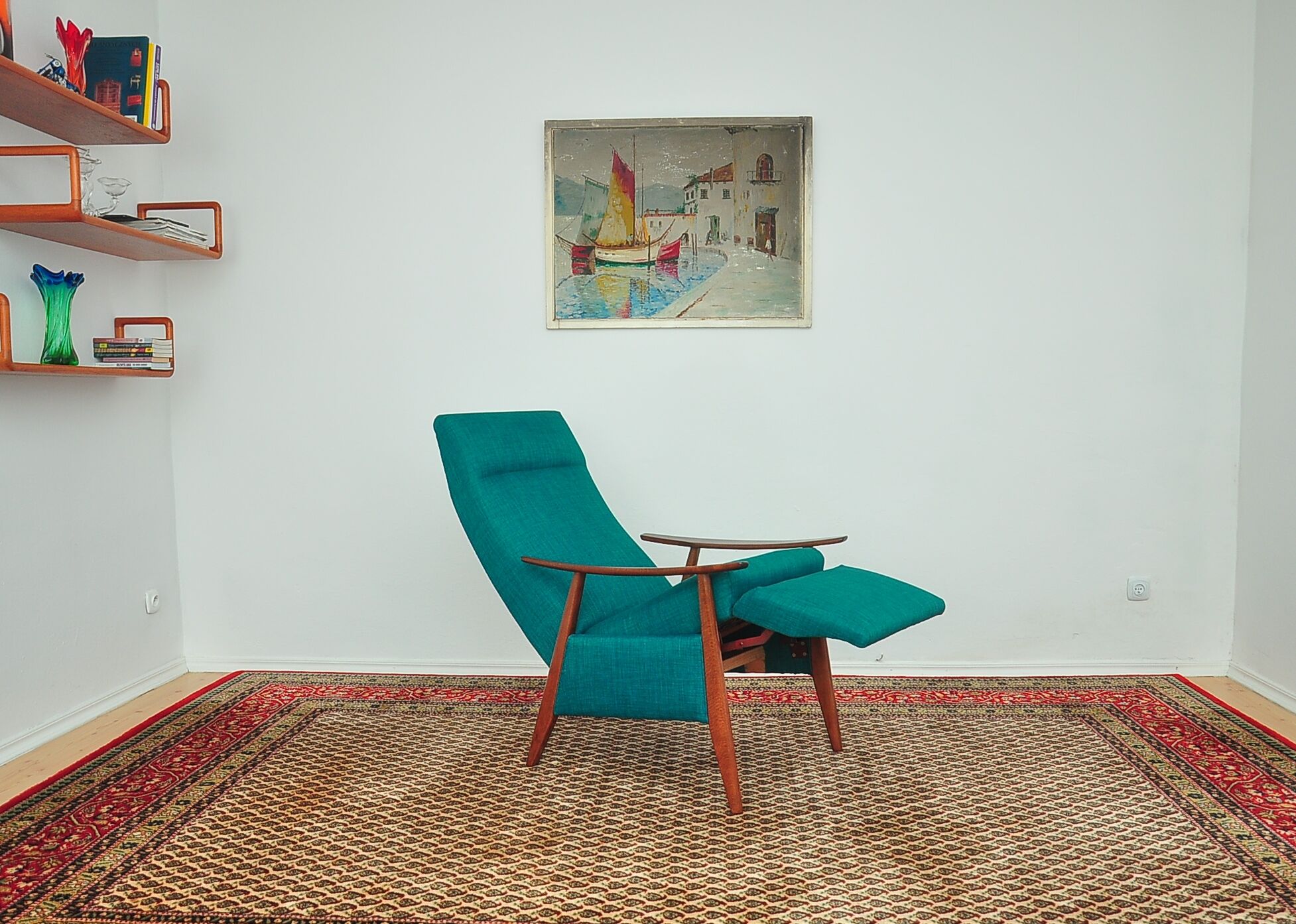 Turquoise armchair with folding footrest, 1960s