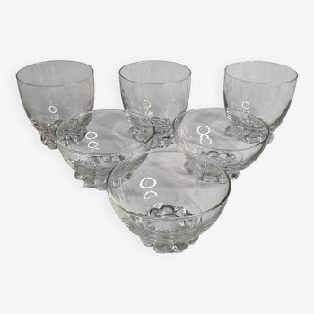 Set of Art Deco style engraved crystal bowls and glasses on spherical feet