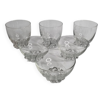 Set of Art Deco style engraved crystal bowls and glasses on spherical feet