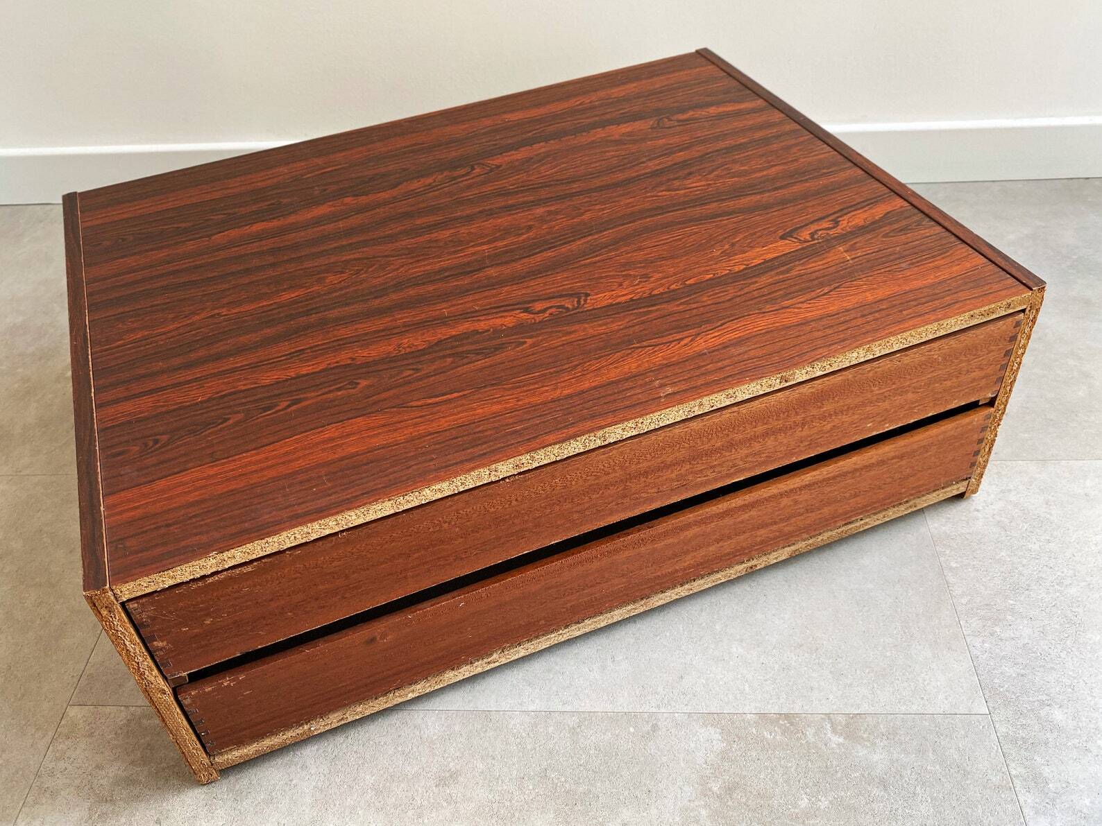 Mid Century rosewood cabinet with 2 beige plastic drawers
