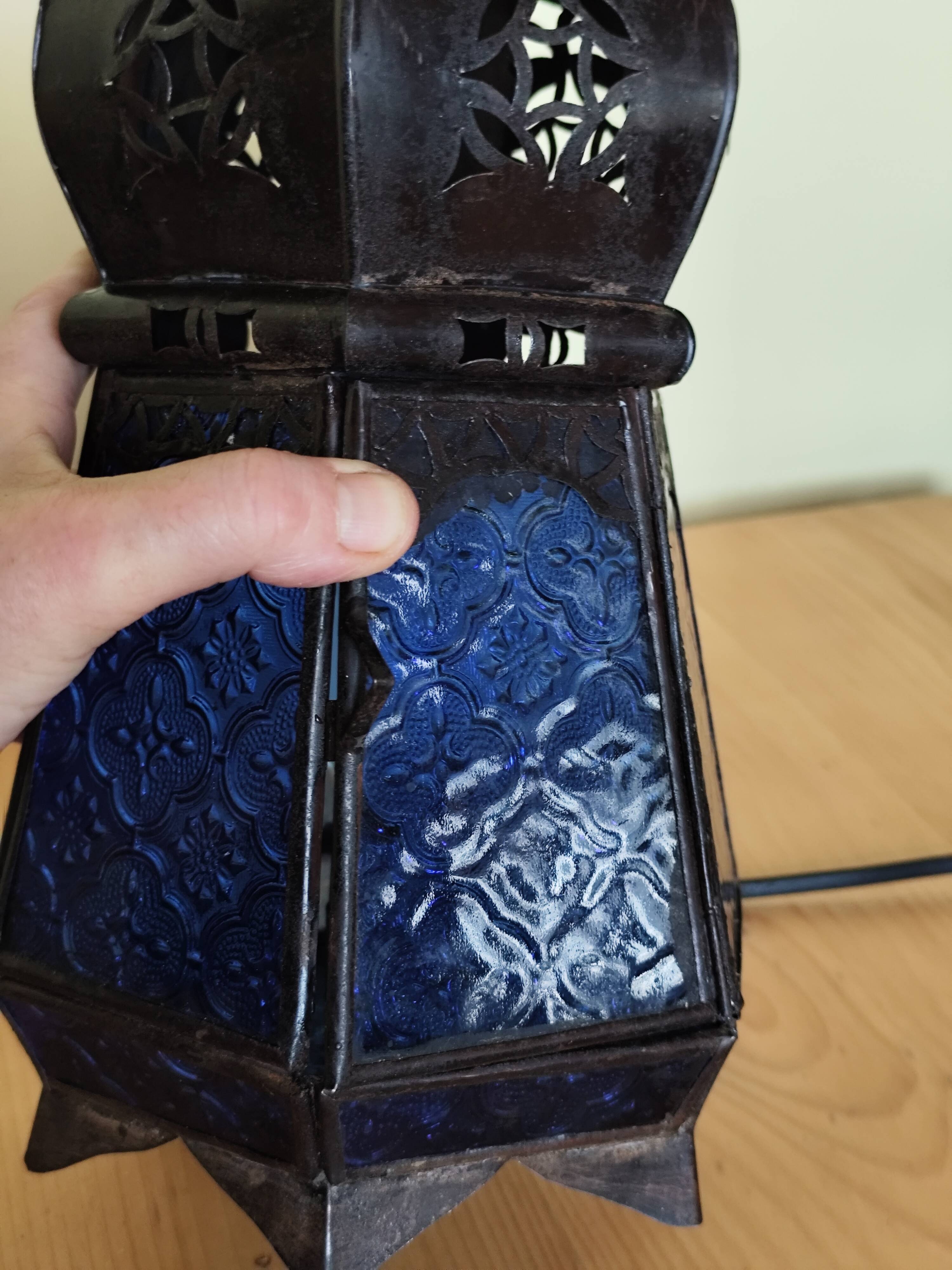 Blue hexagonal Moroccan lantern table lamp