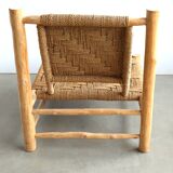 Low lounge chair in sisal rope and ash wood