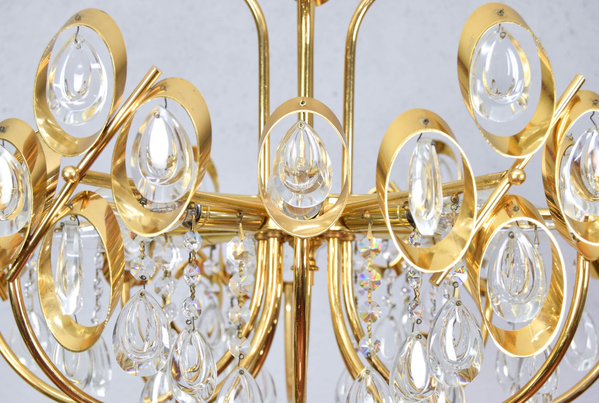 Mid century hollywood regency palwa gilt brass and crystal chandelier