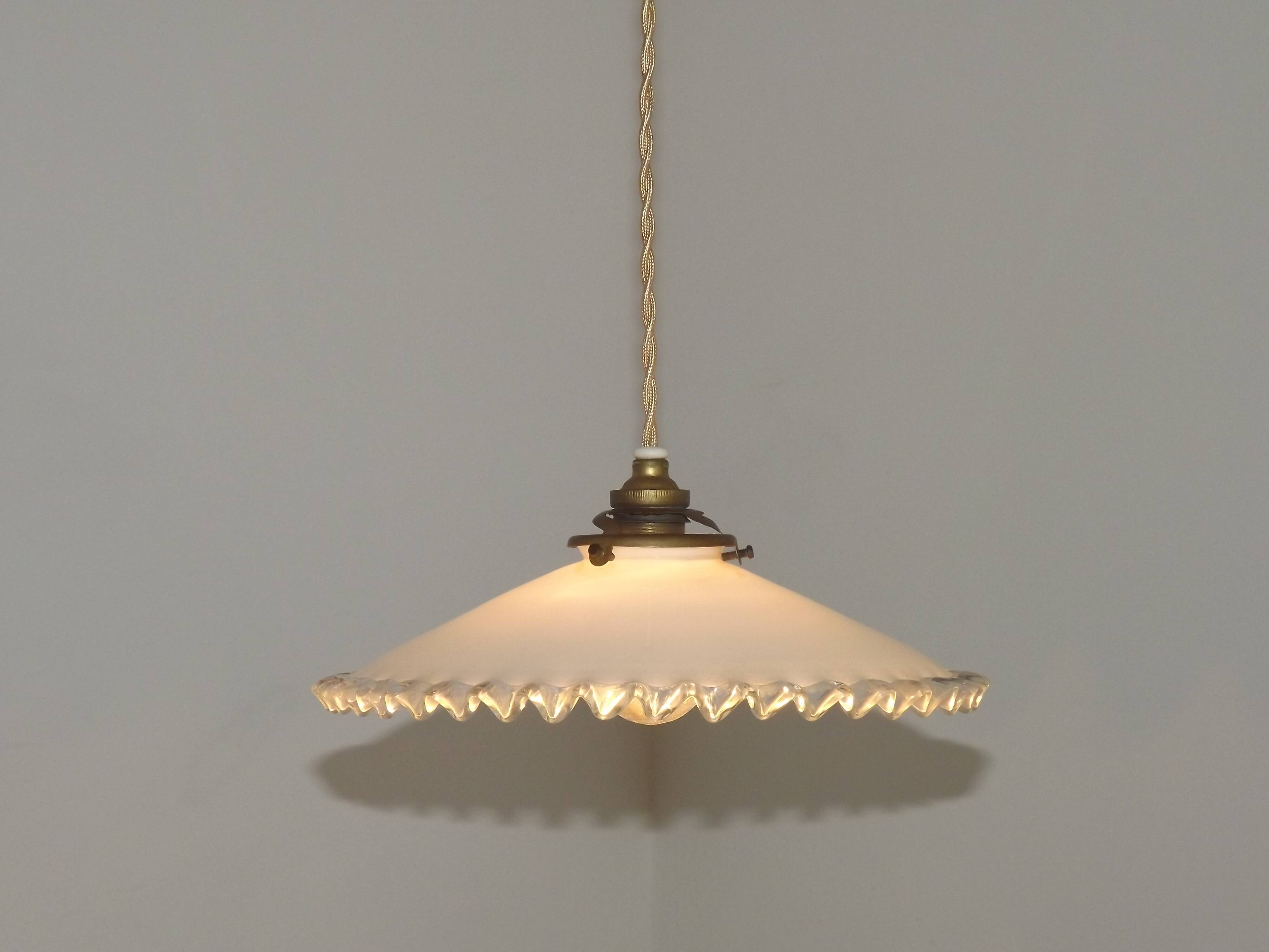 Art Deco suspension in pleated white opaline, France