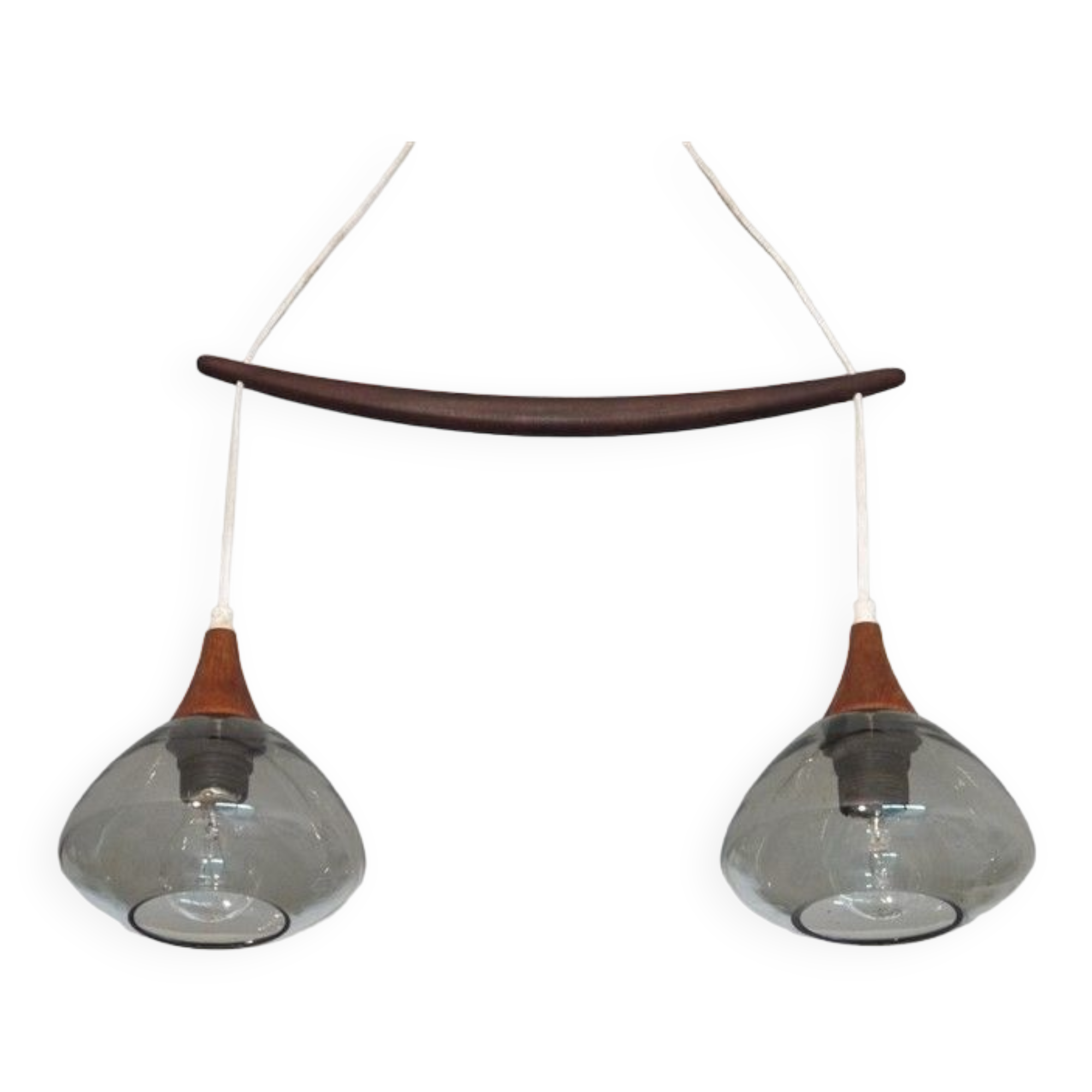 Scandinavian boomerang chandelier in teak and glass