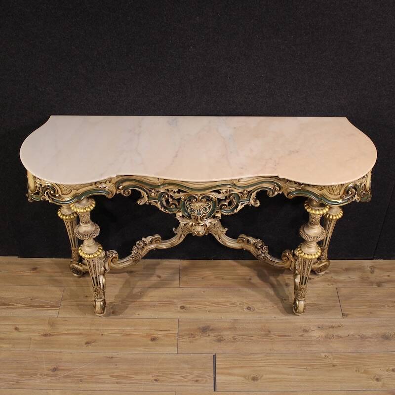 Console laquée et dorée italienne de style éclectique du 20e siècle