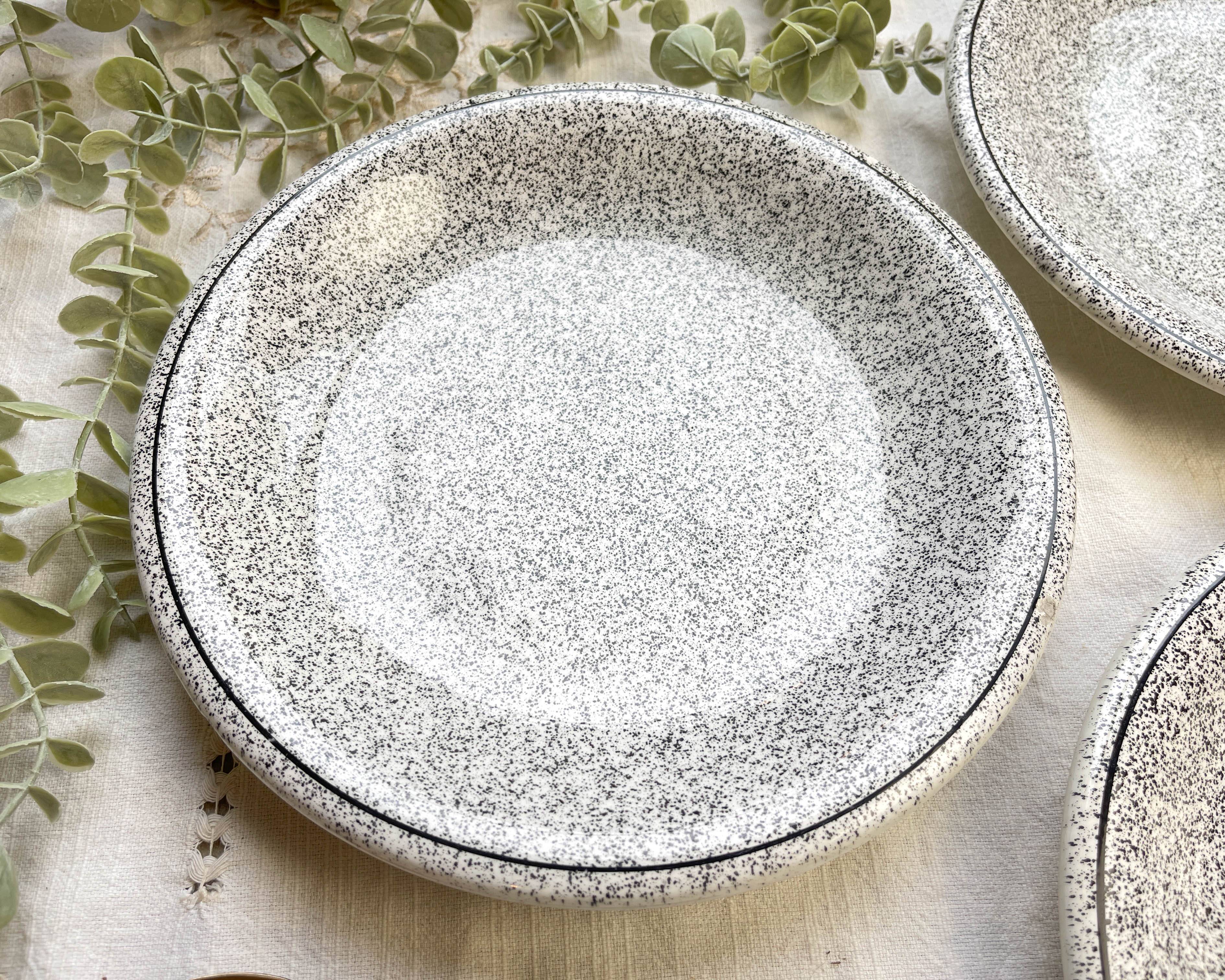 3 Black and white speckled Italian earthenware plates