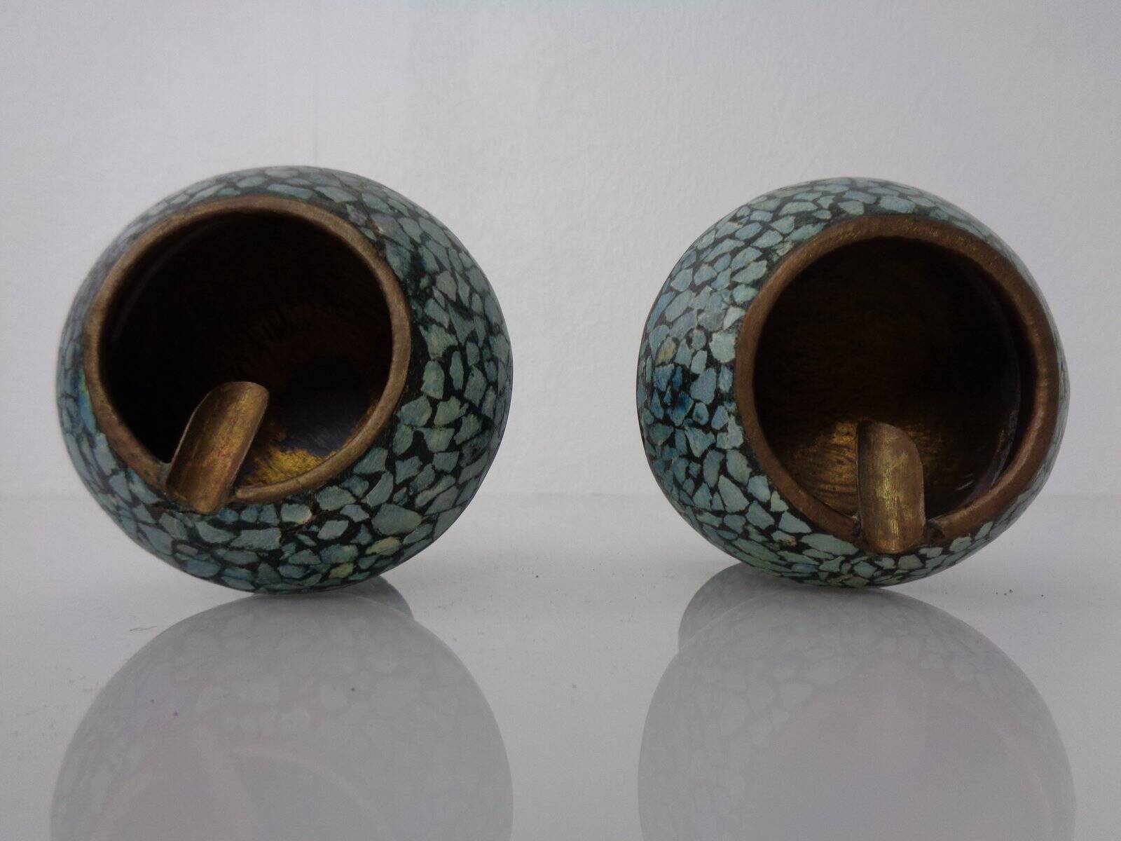 Vintage Indian Copper & Turquoise Stone Ashtrays, 1960s, Set of 2